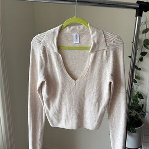 Abound Nordstrom Ribbed Knit Collared Cropped Long Sleeve Sweater in Ivory White